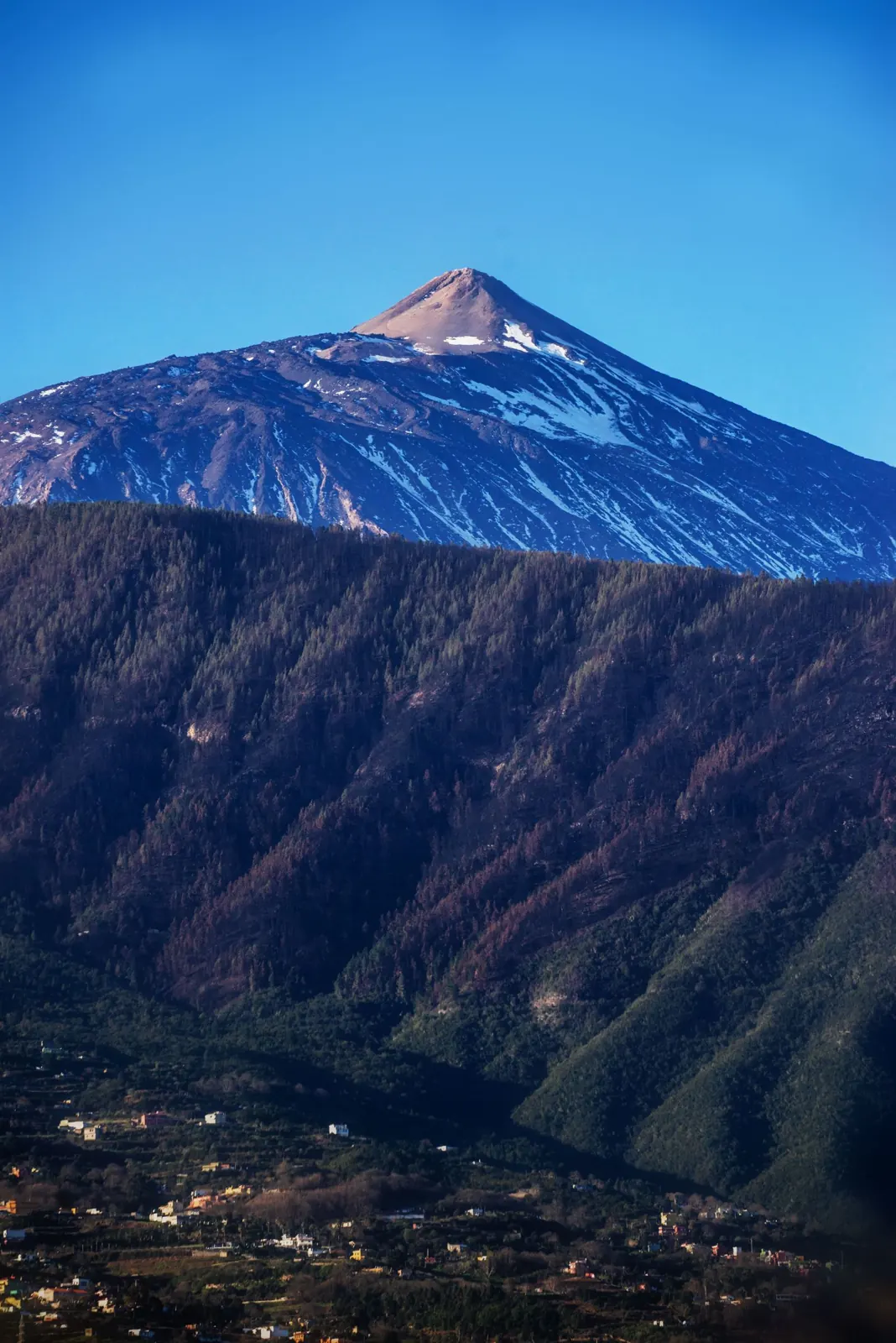 Mount Teide with snow on its upper slopes above forested hills and scattered houses in the north of Tenerife