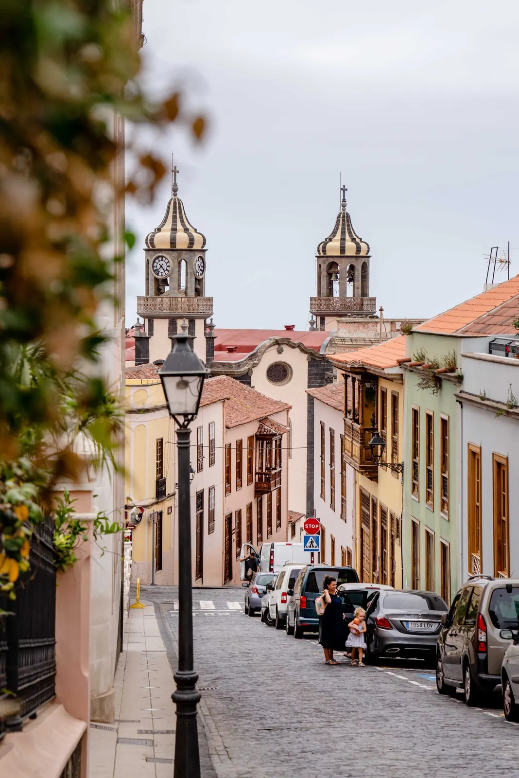 Cobbled street in the historic centre of La Orotava, Tenerife, leading to the twin bell towers of the Church of La Concepción