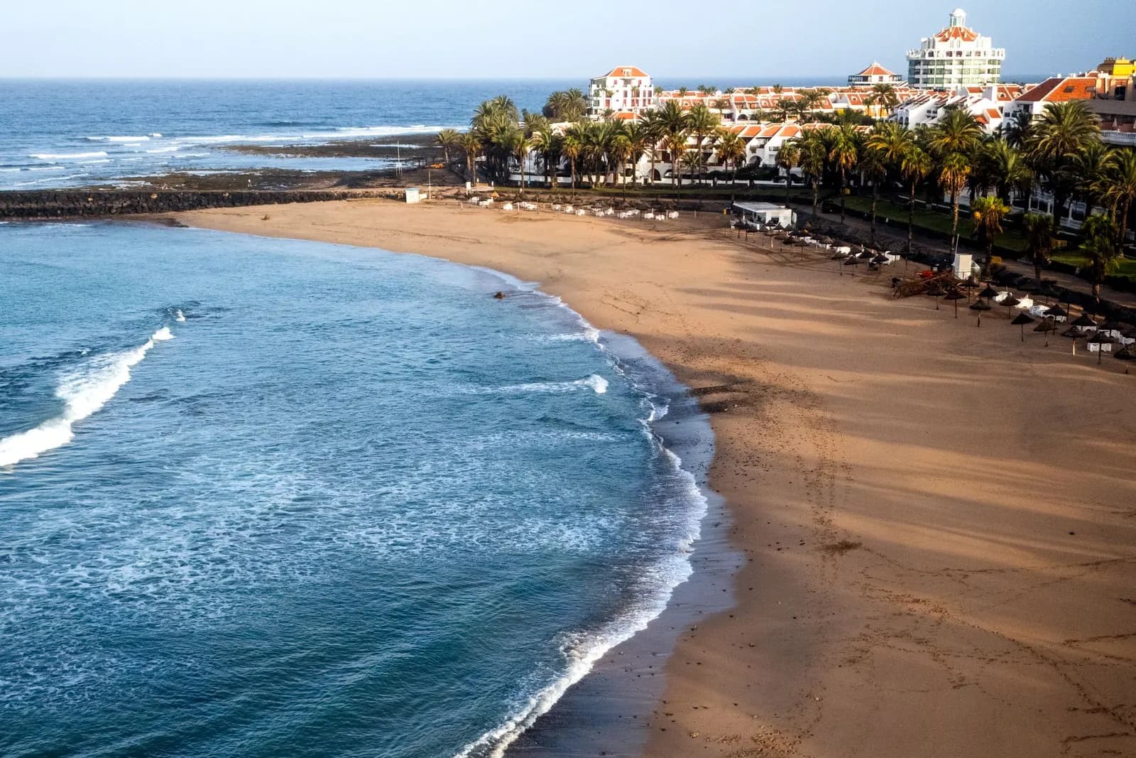 Curved sandy beach protected by a breakwater in Playa de las Américas, with palm trees and white hotels